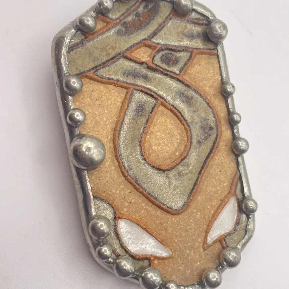 Vintage Artisan Ceramic Pottery Brooch Pendant Combo Brutalist Silver Tone Pin